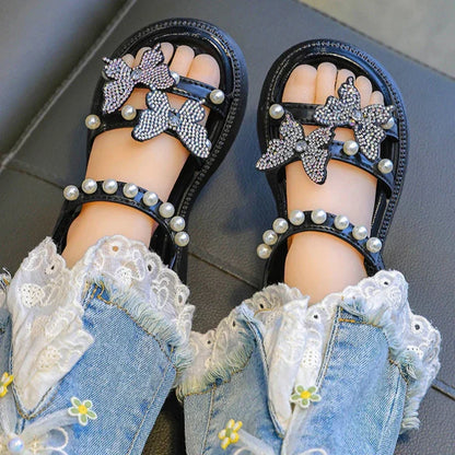 Kids' Sandals PU Leather Sequin Peep Toe Summer Outdoor Flat Shoes For Girls Breathable Anti-slip White Purple Pink