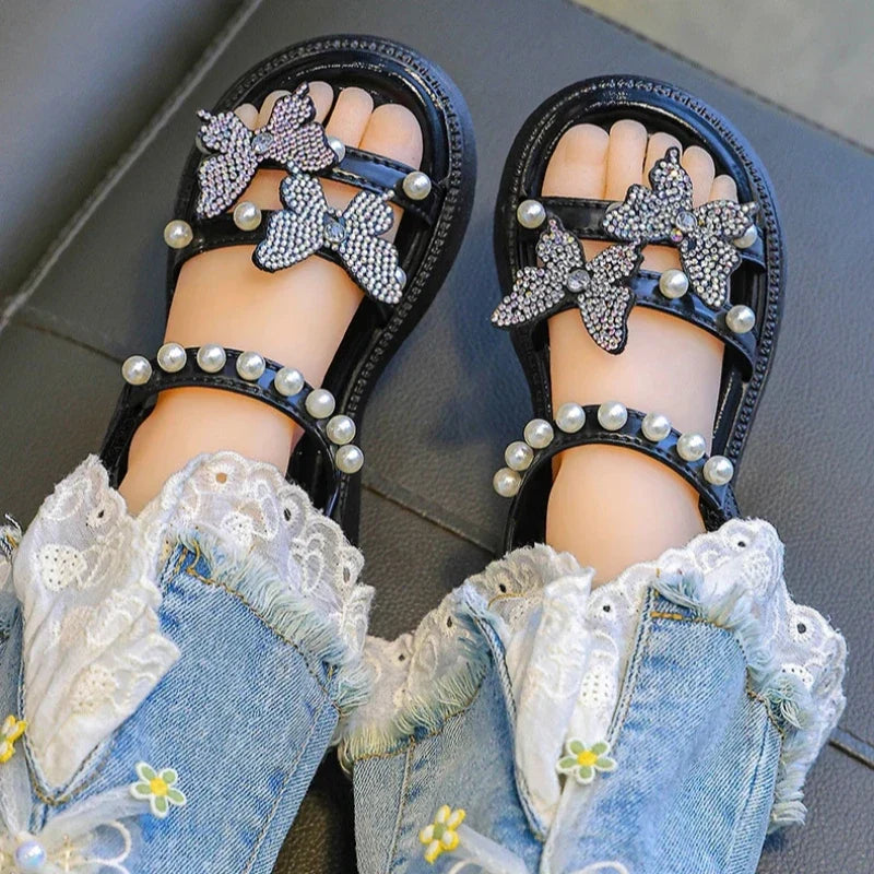 Kids' Sandals PU Leather Sequin Peep Toe Summer Outdoor Flat Shoes For Girls Breathable Anti-slip White Purple Pink