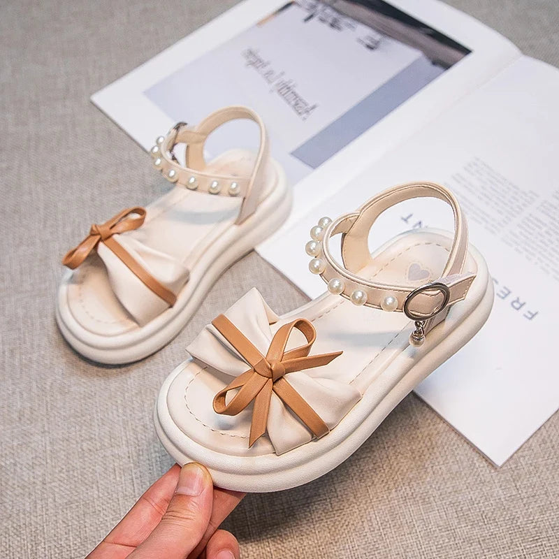 Girls Sweet Princess Sandals Soft Bottom Children Summer Beach Shoes Non-Slip Soft Sole Kids Flats Beading Sandals with Bow-knot
