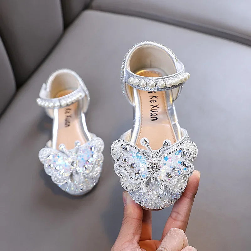 Kids Sandals for Girls Rhinestone Butterfly Elegant Versatile Children's Summer Sandals Soft Bottom Princess Fashion Flat Shoes