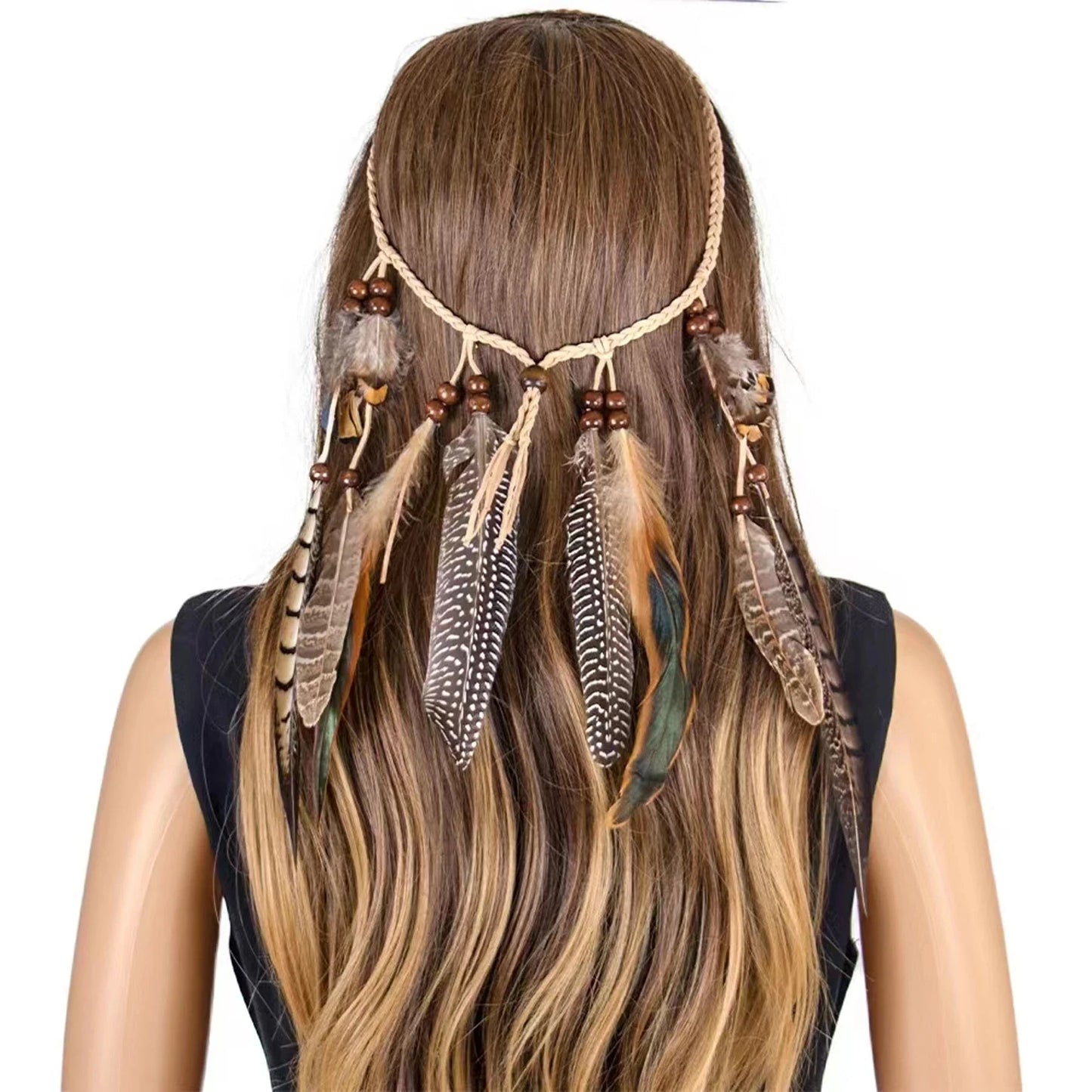 Gypsy Fashion Beautiful Boho Style Feather Headband Headdress Tribal Hair Feather Rope Headpieces Hippie Party