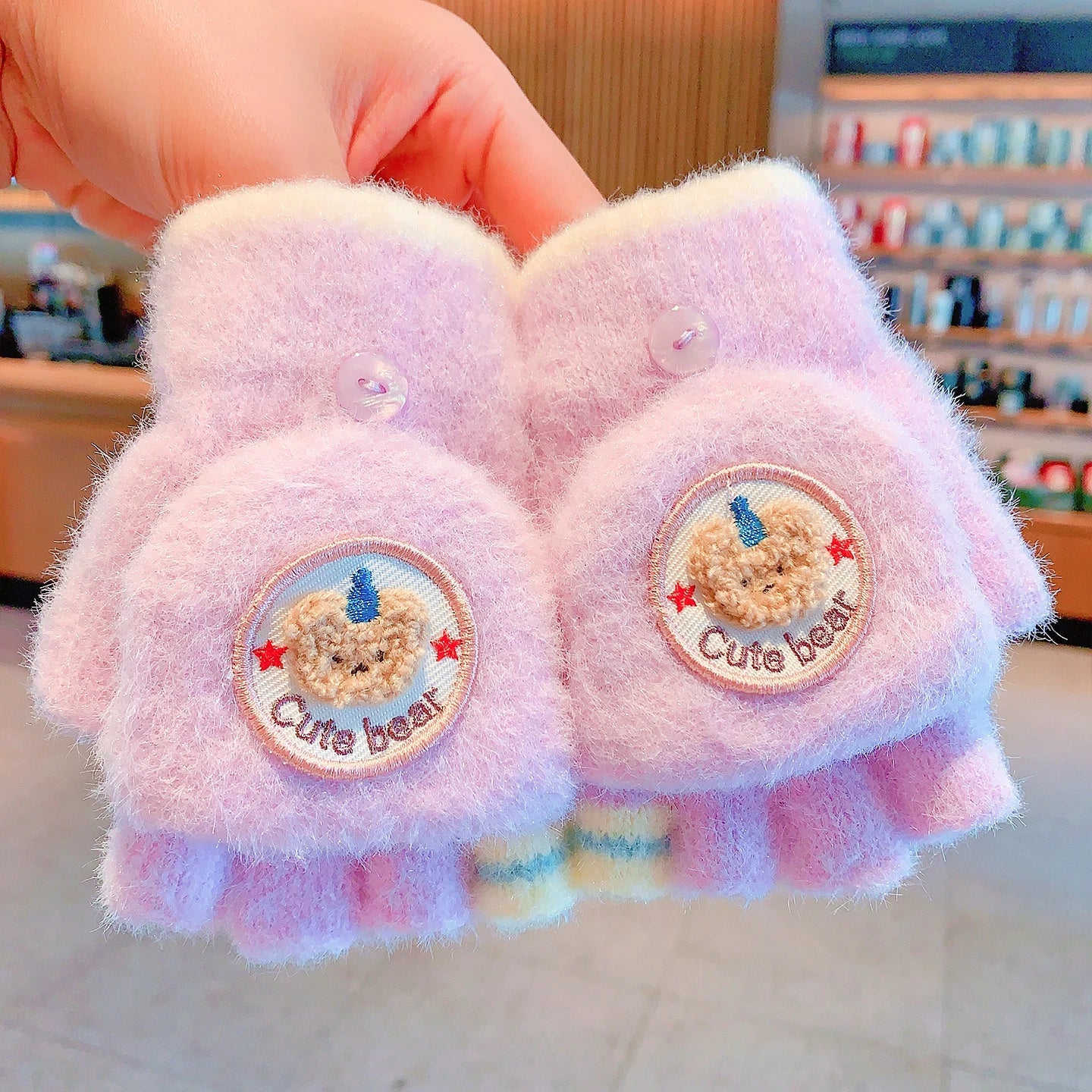 Winter Plush Knitted Cartoon Rabbit Flexible Flip-top Gloves Thicken Warm Cute Gloves For Baby Girls Half Finger Children Gloves