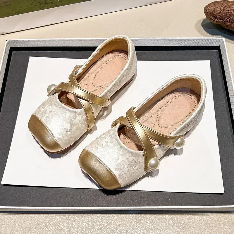 Spring Autumn Chinese Style Pearl Small PU Shoes Retro Versatile Girls Square Head Shallow Mouth Flats