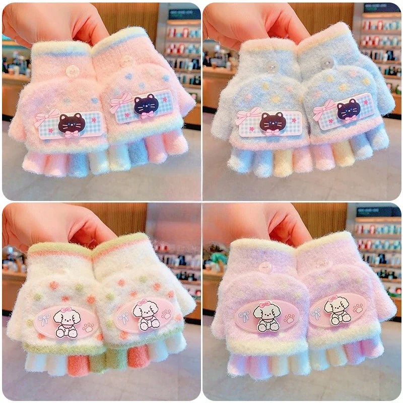 Winter Plush Knitted Cartoon Rabbit Flexible Flip-top Gloves Thicken Warm Cute Gloves For Baby Girls Half Finger Children Gloves