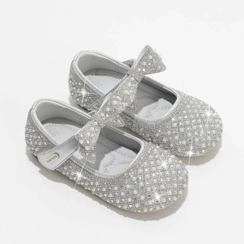 Autumn New Girls Single Princess Shoes Pearl Shallow Children's 2025 Comfortable Flat Shoes Kid Baby Rhinestone Bowknot Shoes