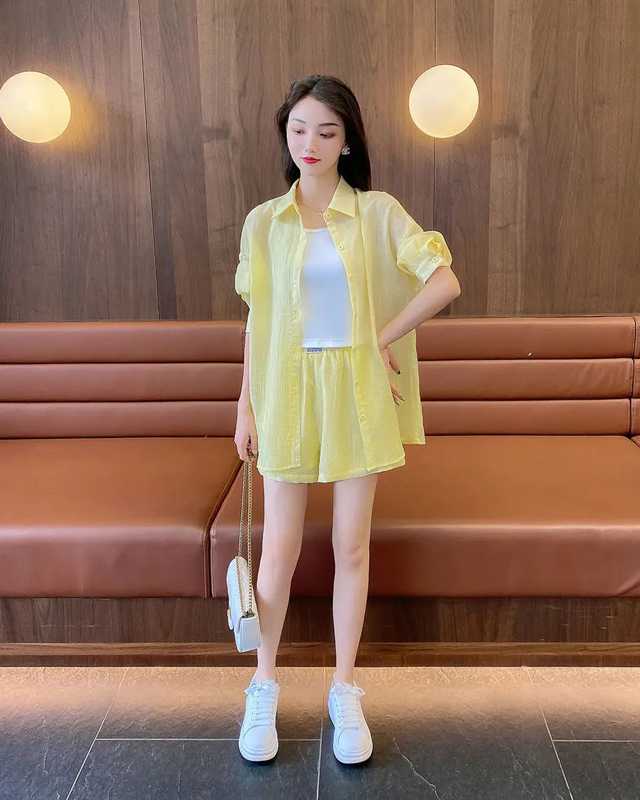 Spring and Summer Sun Protection Women's Set Stylish Loose Shirt Shorts High-end Elegant Women's Three Piece Set