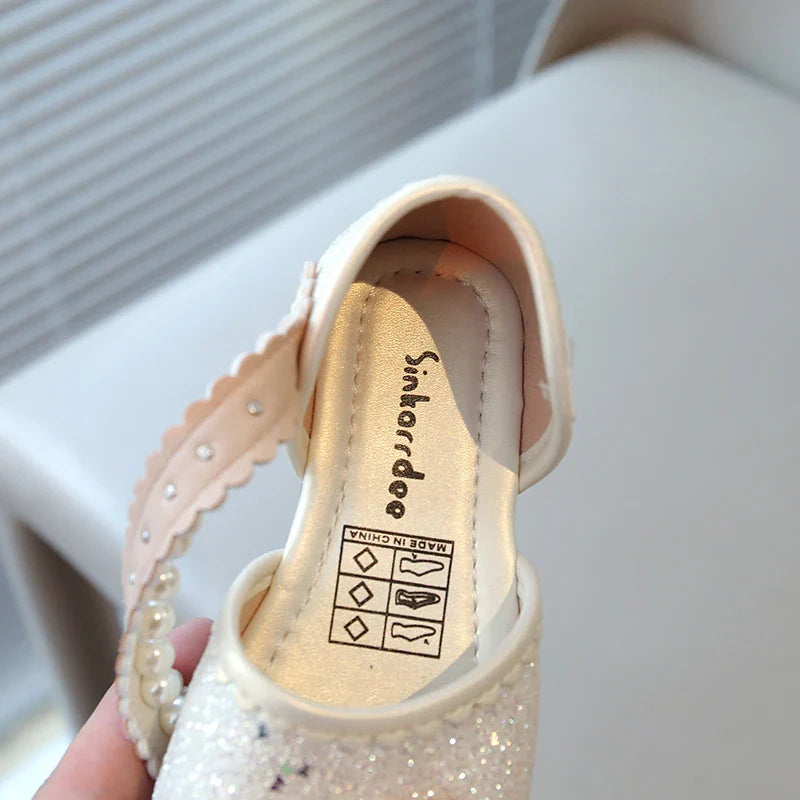 Girl's Princess Shoes Pearl Round Toe Glitter Sweet Kid's Flat Shoe Solid Colors Anti-slip Cute Party Daily Children Shoe