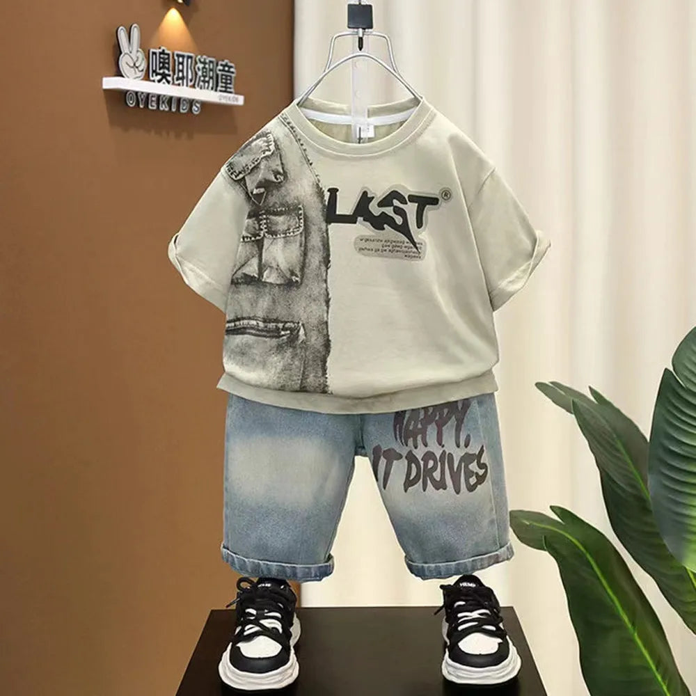Boys Summer Clothing Set New Handsome Children's Short Sleeved Clothes Trendy Baby T-shirt Jeans Thin Two-piece Set
