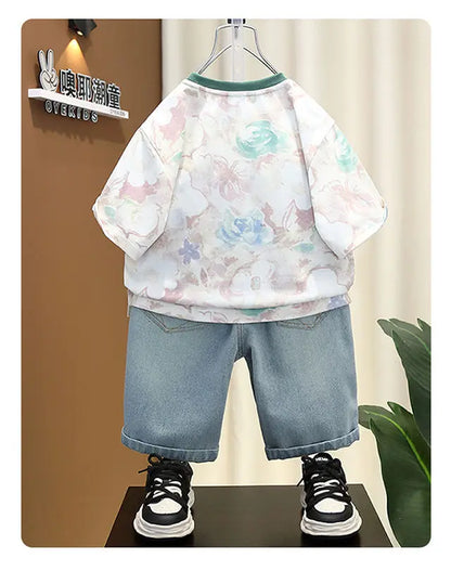 New Children's Printed Thin T-shirt+ hole Denim Shorts Teenager Boys Summer Fashion outfits