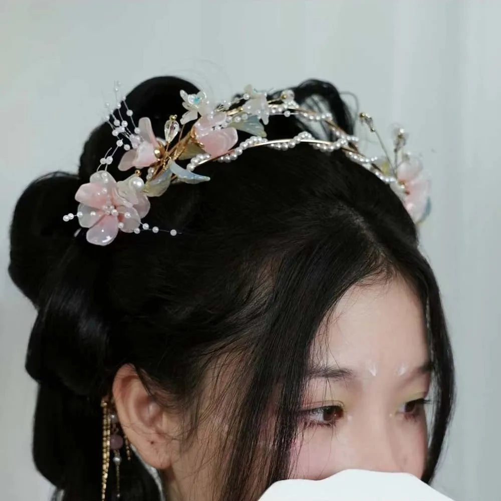 Flower Hanfu Tassel Hair Hoop Beads Crown Chinese Ancient Hairband Double-layer Alloy Swaying Fairy Headwear Hairstyle Tool