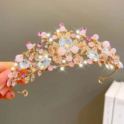 Ancient Vintage Pink Floral Crown Elegant Shiny Crown Hair Accessory Headwear Alloy Princess Rhinestone Tiara Photography Props