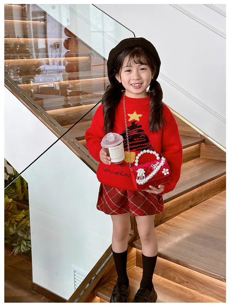 Sweet Bow Children's Small Square Shoulder Bag Sequin Lace Princess Girls Crossbody Bags Pearl Handle Coin Purse Handbags Gifts