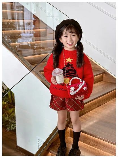 Sweet Bow Children's Small Square Shoulder Bag Sequin Lace Princess Girls Crossbody Bags Pearl Handle Coin Purse Handbags Gifts