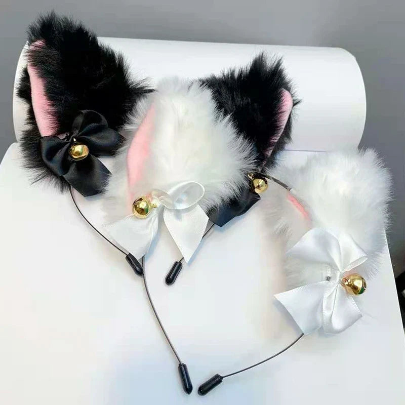 Girls Lace Bow Necklace Plush Bell Hairband Cosplay Masquerade-Party Costume Hair Accessories
