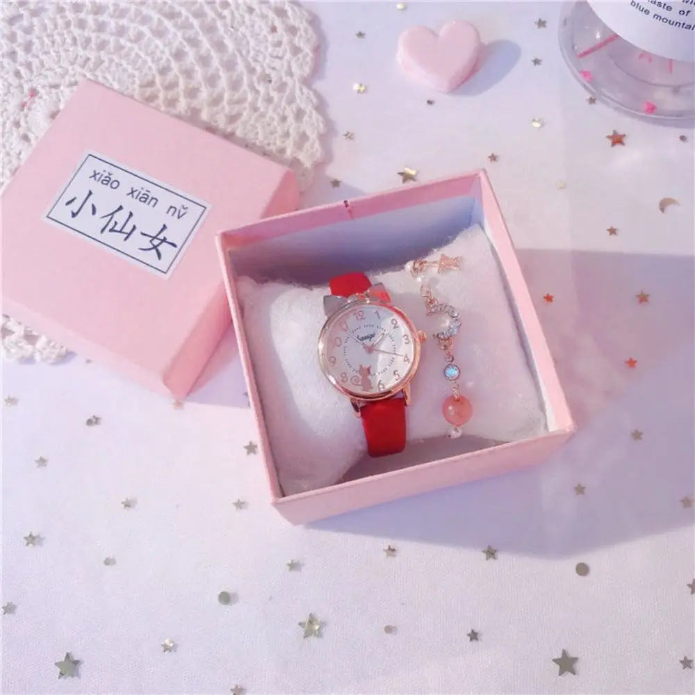 High Quality Quartz Clock Watch Bracelet Set Leather Watchband Casual Quartz Watch Cute Cat Ear Bracelet