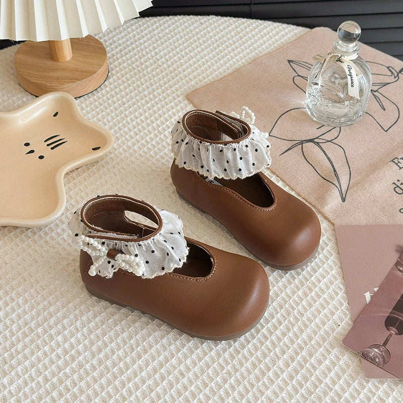 Girl's Leather Shoes Frilly Pearl Adorable Hook-loop Kids Flat Shoe Beige Brown Shallow Sweet Trendy Children Shoe 23-34