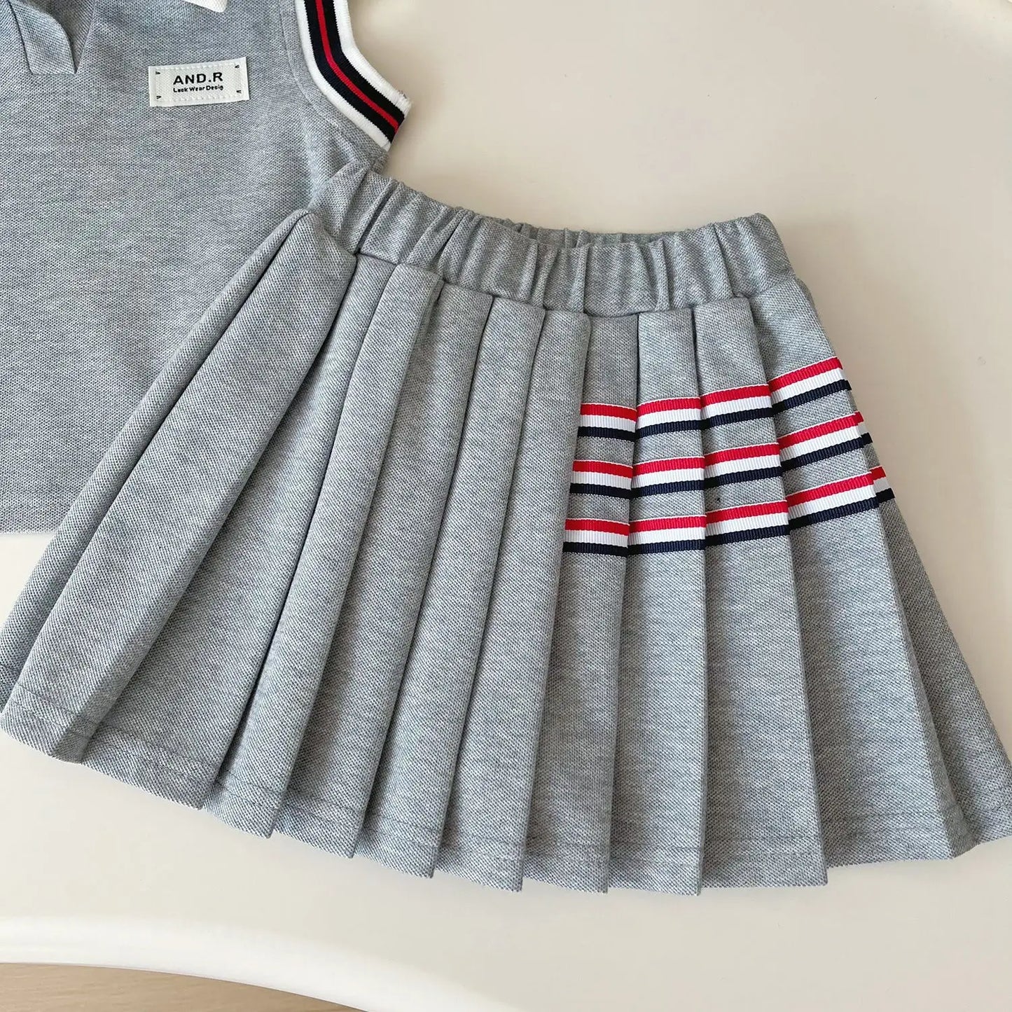 Baby Girl College Style Summer 2PCS Clothes Set Polo Collar Kid Girl Vest Top Set Thin Stylish Stripe Pleated Skirt Belle Outfit