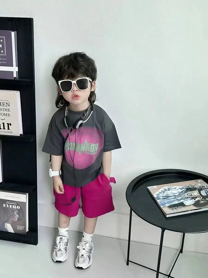 Summer Children Clothes Boys Girls Short-sleeved Striped T-shirt +Shorts 2Pcs Set Babies Fashion Round Neck Outfits Kids Suits