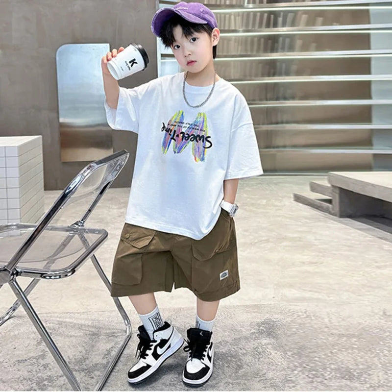 Boys Summer Clothing Sets Big Children Short-sleeved Top+Shorts Suits 2025 New Teenager T-shirt Loose Sports 2Pcs Outfits 4-14Y