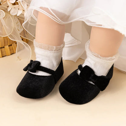 Newborn Baby Girls Mary Jane Flats Cute Bowknot Velvet Toddler Dress Shoes Lovely Princess Infant Crib Shoes for 0-18Months