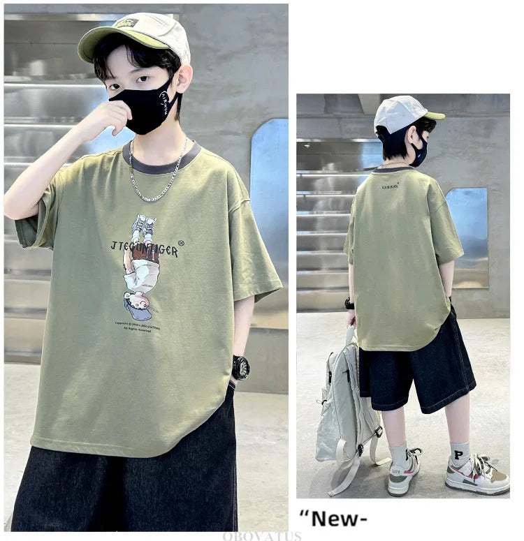 Summer Tees Tops for Teen Boy Cotton T-Shirt New Short Sleeve Fashion Cartoon Tshirts for Children Korea Kids Luxury Clothes