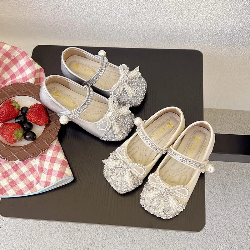 Girls Sparkly Rhinestone Bow Leather Shoes New Spring Toddler School Dance Flats Soft Sole Princess Kid Party Wedding Shoes