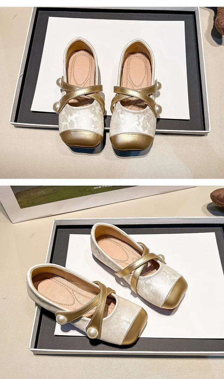 Spring Autumn Chinese Style Pearl Small PU Shoes Retro Versatile Girls Square Head Shallow Mouth Flats