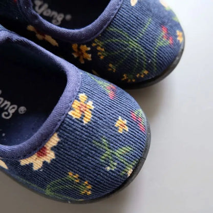 New Corduroy Floral Canvas Shoes Girls Square Mouth Indoor Shoes Soft Soled Non-slip Shoes