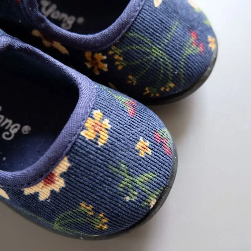 New Corduroy Floral Canvas Shoes Girls Square Mouth Indoor Shoes Soft Soled Non-slip Shoes