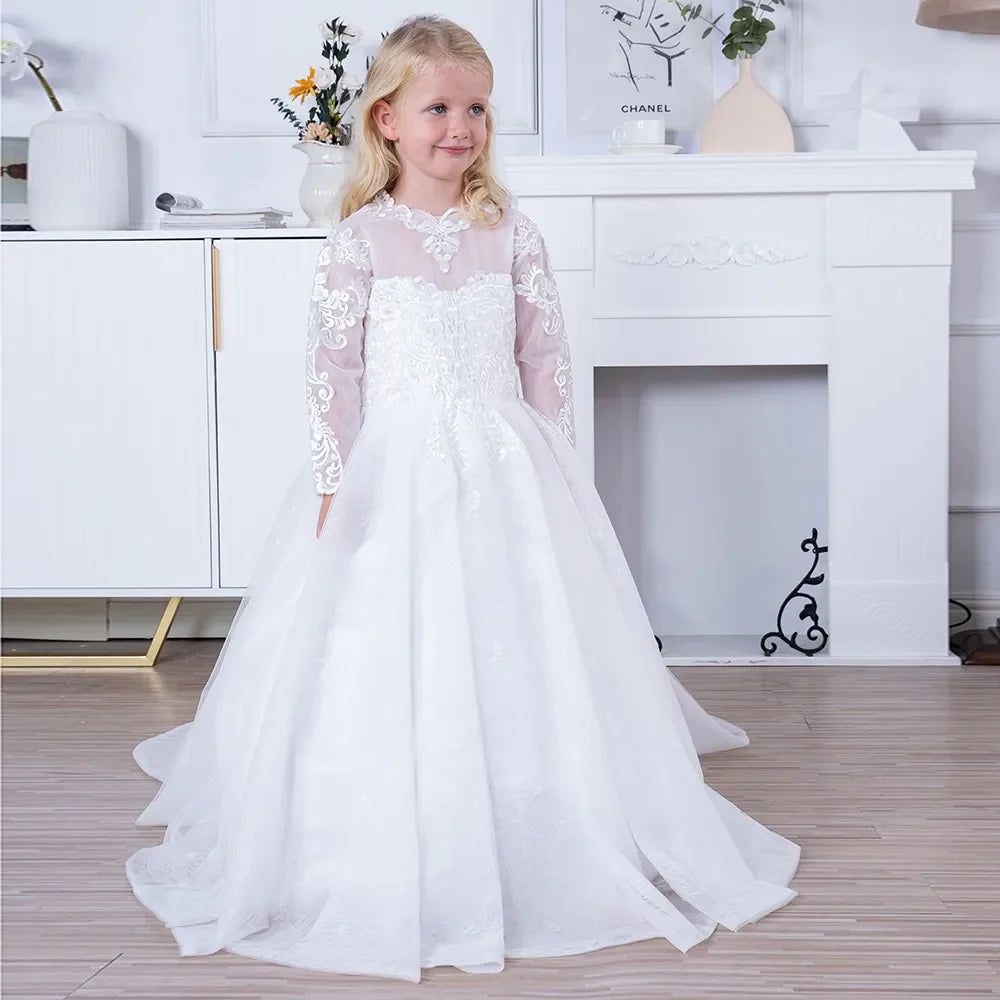 Girl Lace Appliques Princess Wedding Party Flower Girls Dresses Vintage Gown With Bow Kids First Communion Ball Gown