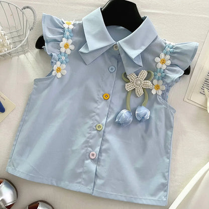 Summer New Baby Floral Short Sleeve Puff Sleeve Top Elastic Waist Pleated Skirt Girls' Set17401