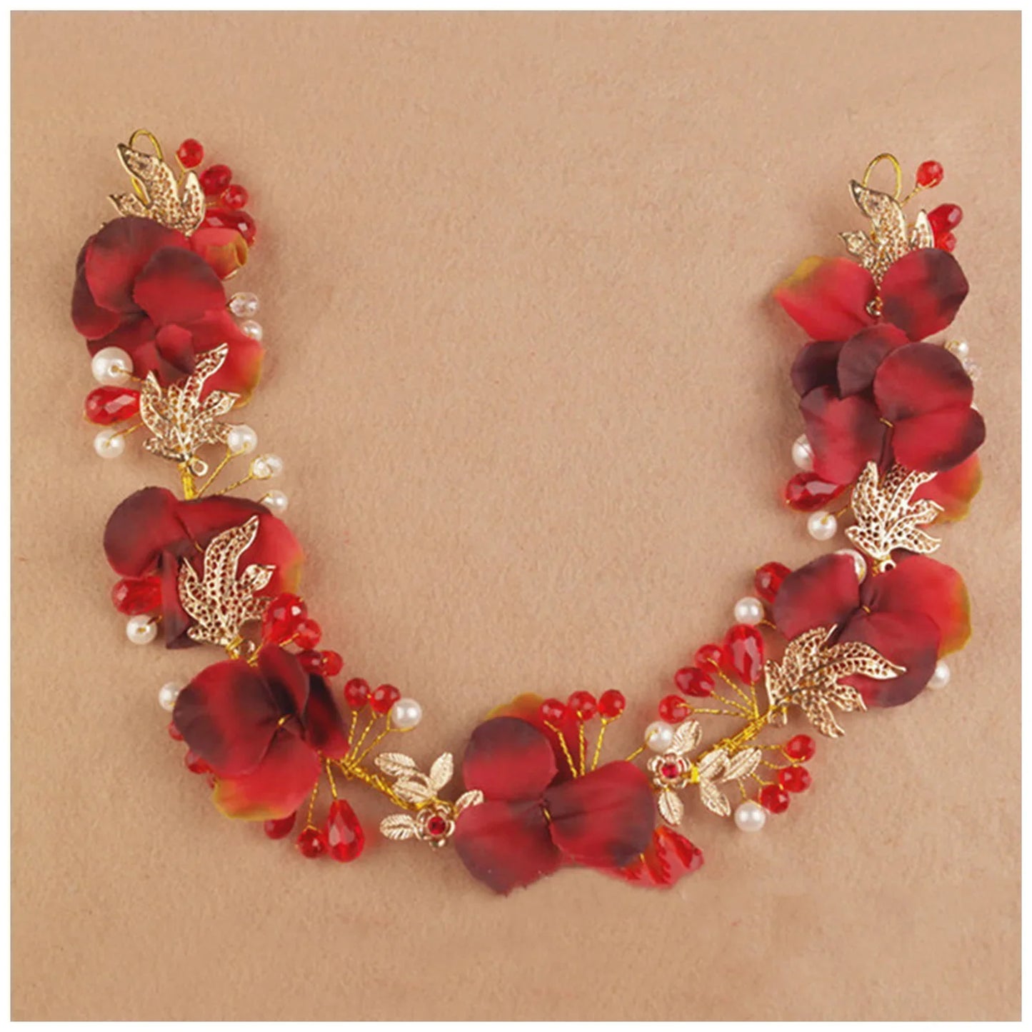 Artificial Flower Hairband Wedding Tiaras For Women Red Floral Pearl Headband Elegant Girls Hair Hoop Bridal Headwear Jewelry