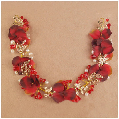 Artificial Flower Hairband Wedding Tiaras For Women Red Floral Pearl Headband Elegant Girls Hair Hoop Bridal Headwear Jewelry