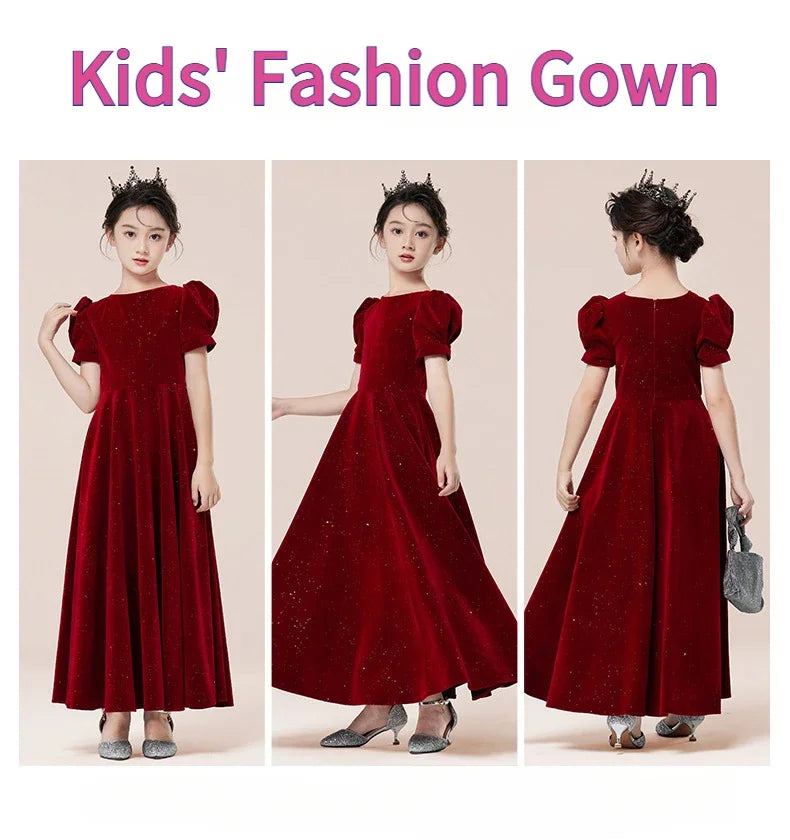 Kids Party Dress Clothing For Birthday Princess  Wine Red Piano Wedding Flower Girl Host Children's Formal Dress