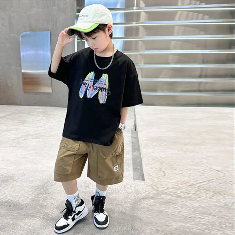 Boys Summer Clothing Sets Big Children Short-sleeved Top+Shorts Suits 2025 New Teenager T-shirt Loose Sports 2Pcs Outfits 4-14Y