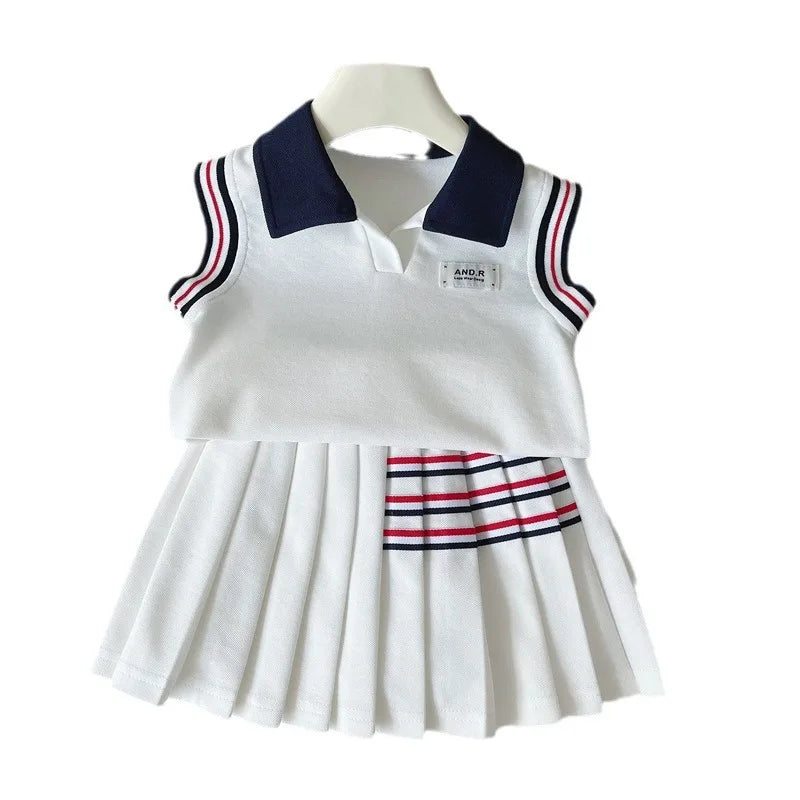 Baby Girl College Style Summer 2PCS Clothes Set Polo Collar Kid Girl Vest Top Set Thin Stylish Stripe Pleated Skirt Belle Outfit