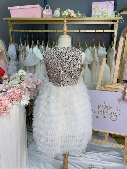New Summer Party Dress for Kids Girls Sequined Sleeveless Mesh Cake Princess Dress Fashionable and Comfortable Skirt S4016