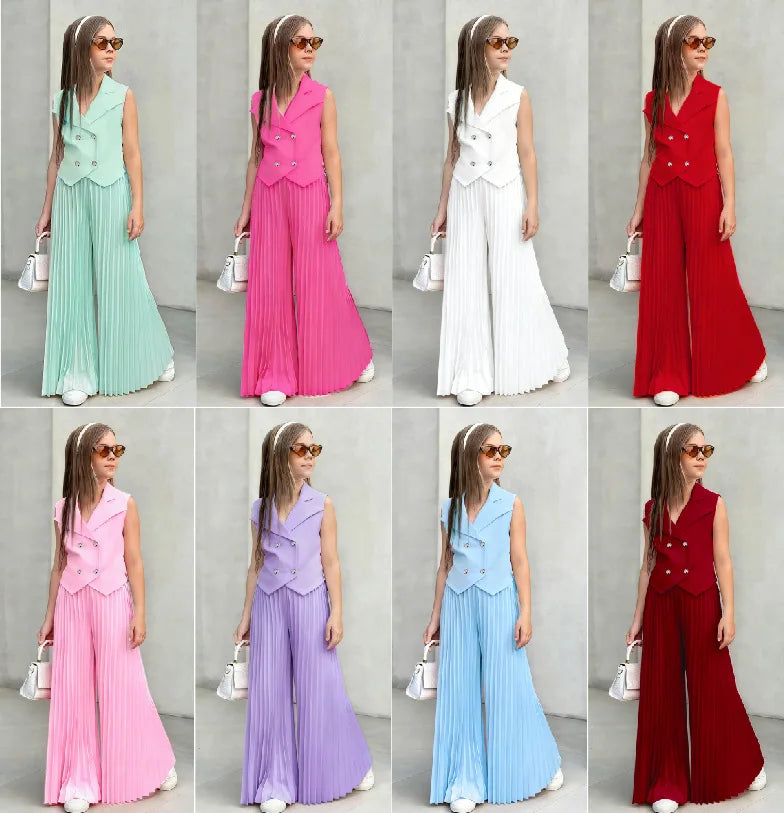2025 Little Girls 2-Pieces Western-Style Outfit for Girls: Sleeveless Blazer Top+Wide-Leg Pleated Pants