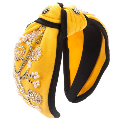 Fashion New Style Wide Brim Knotted Hairband Hand-Stitched Glass Flower Banquet