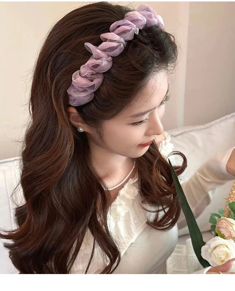 Fashion Lace Mesh Hairband Pleated U Shape Hair Comb Toothed High Cranium Hair Hoop for Women Girls