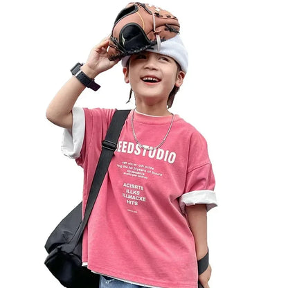 Pure Cotton Children's Short Sleeved Simple Trendy Letters Faded and Worn Half Sleeved T-shirts Boys Girls Stylish