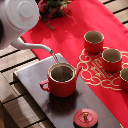 Traditional Chinese Tea Set, Porcelain Teapot, Stainless Steel, Tea Strainer, Cup, Bride and Groom Gifts, Traditional Red, Wed