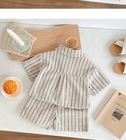 Set Children Unisex Summer New Style Cotton Stripe Pocket Shirt Polo Collar Shourts Fashion Casual Brief Versatile Korean