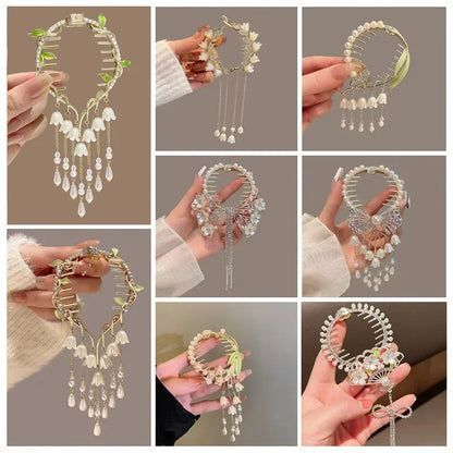 Ladies Butterfly Rhinestone Pearl Metal Hair Claw Round Bun Ponytail Holder