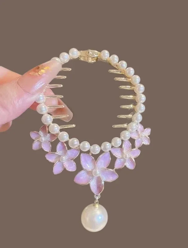 Ladies Butterfly Rhinestone Pearl Metal Hair Claw Round Bun Ponytail Holder