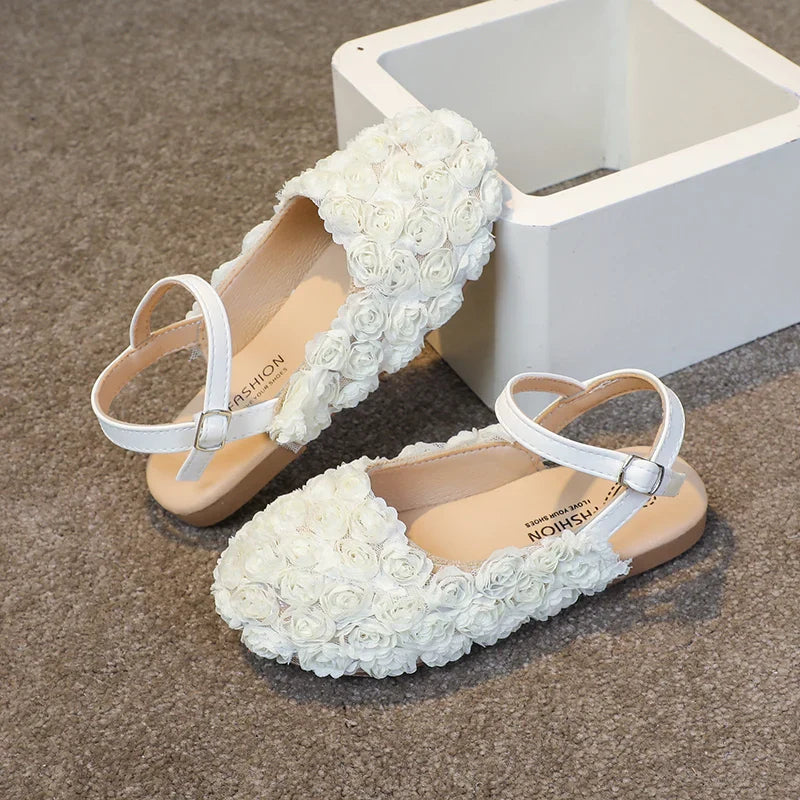 Girls Half Sandals Kids Princess Flowers Dress Shoes Fashion Simple Summer Children Flat Mary Janes Shoes for Party Wedding
