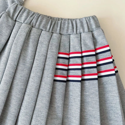 Baby Girl College Style Summer 2PCS Clothes Set Polo Collar Kid Girl Vest Top Set Thin Stylish Stripe Pleated Skirt Belle Outfit