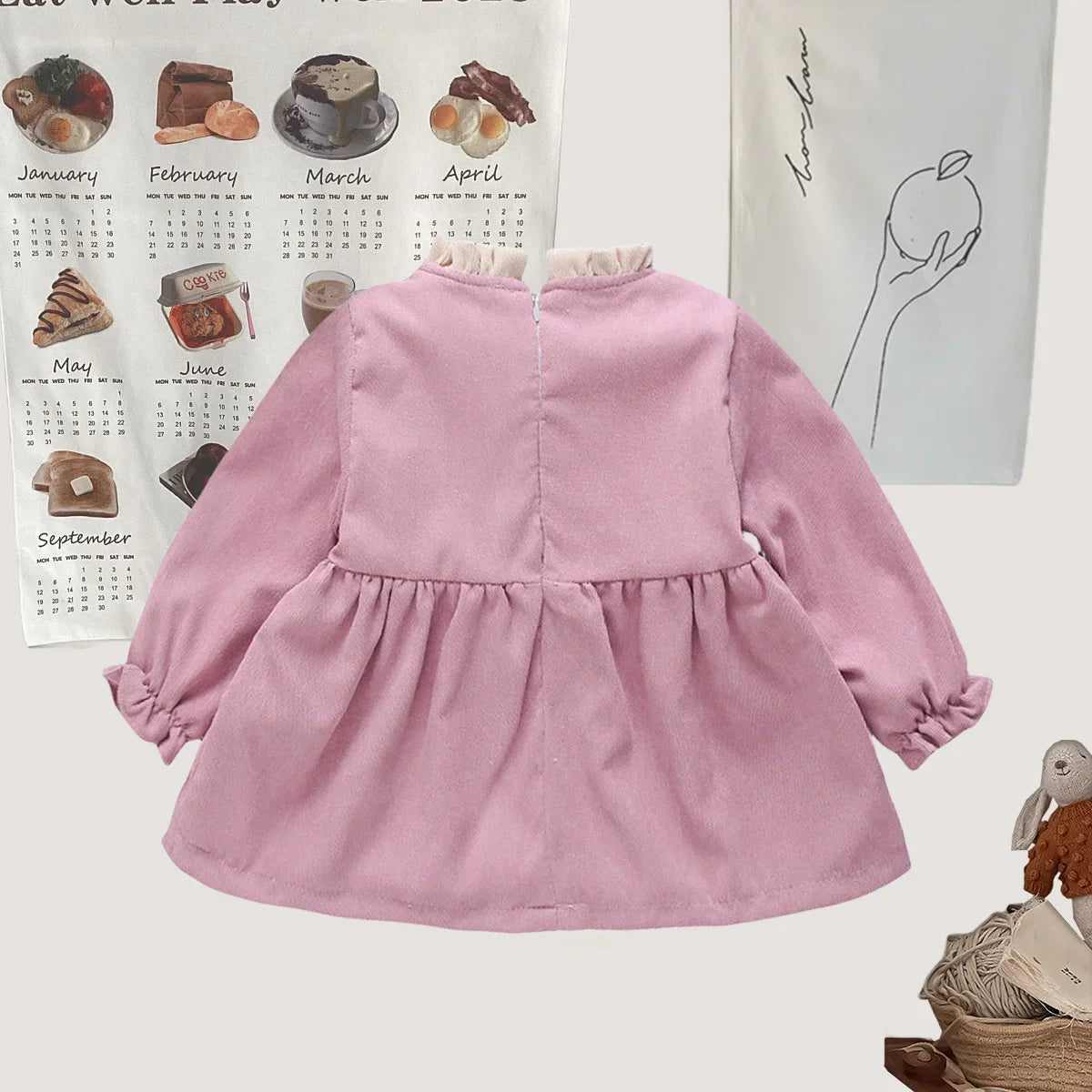 Winter Baby Girl Fleece Dress Bow Soft Standing Neck Solid Color Thickened And Warm Retro Baby Dress  (Available)