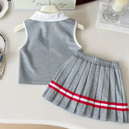 Baby Girl College Style Summer 2PCS Clothes Set Polo Collar Kid Girl Vest Top Set Thin Stylish Stripe Pleated Skirt Belle Outfit