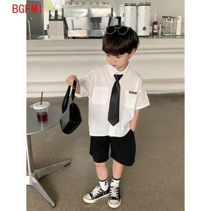 Teens Boys Summer Set Children's Wear Thin 2025 New Handsome British Style Boy White Cotton Short Sleeved Shirt+Black Shorts+Tie